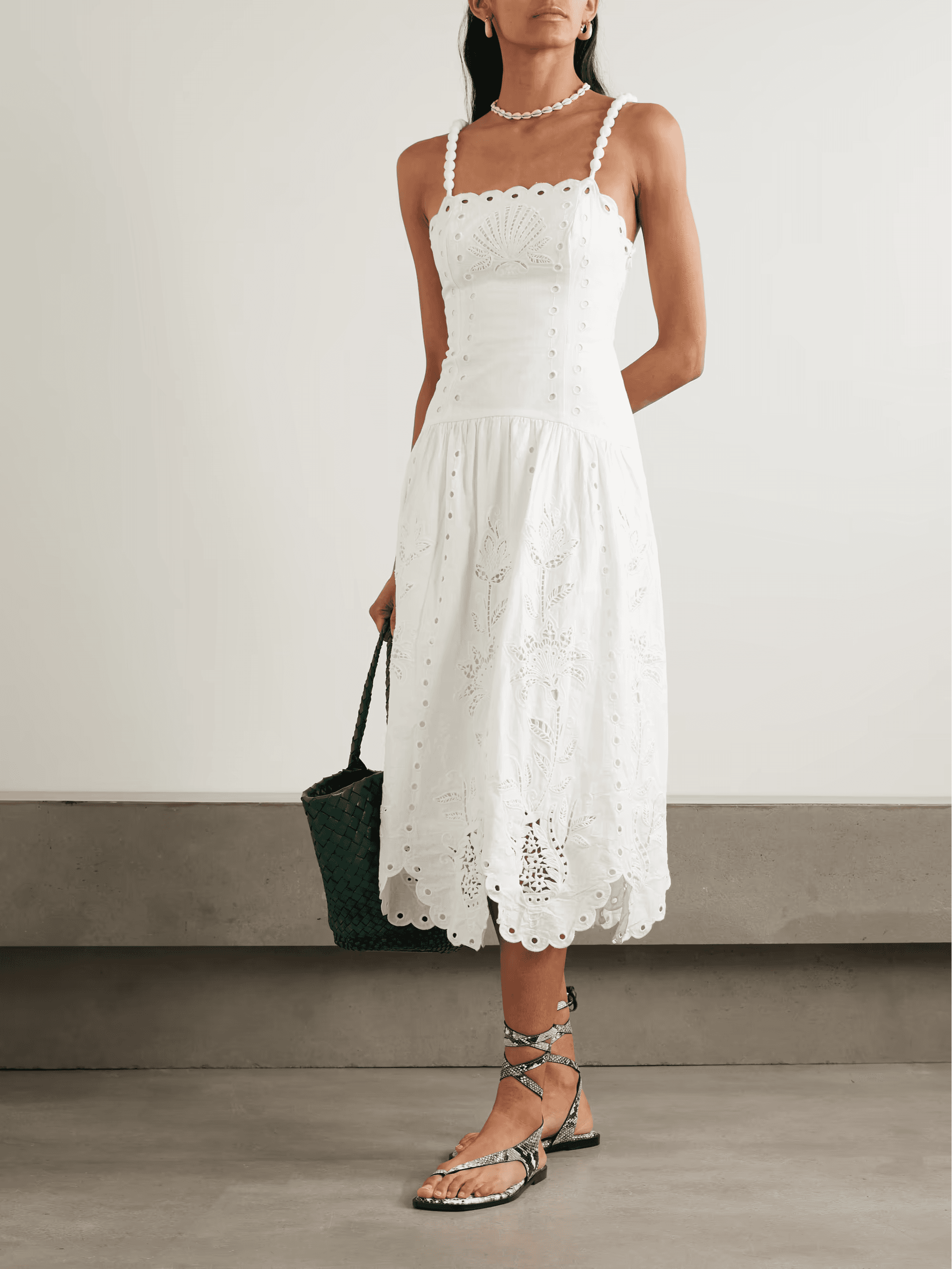 Farm Rio - Broderie anglaise linen-blend midi dress